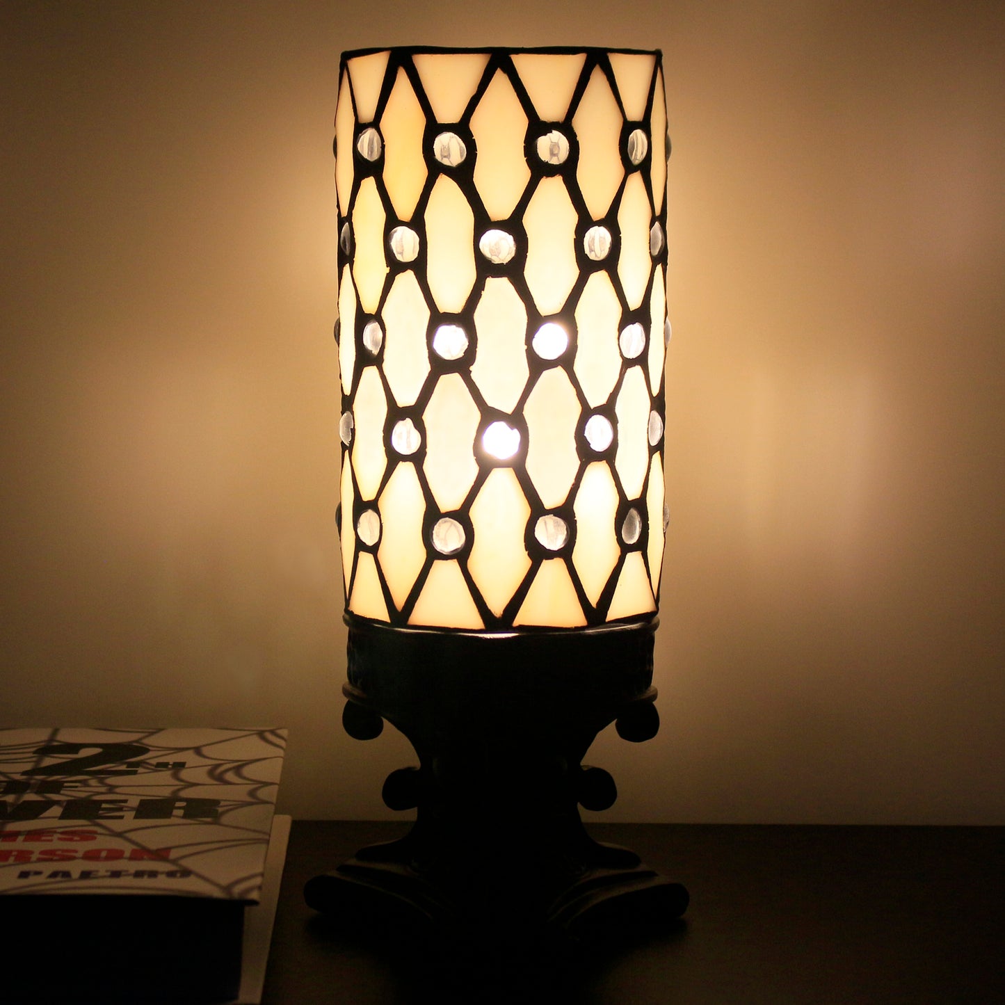 SYETL Small Tiffany Desk Lamp Cream Pearl Bead Candlestick Style Mini Stained Glass Table Memory Lamp Sympathy 4X10 Inch